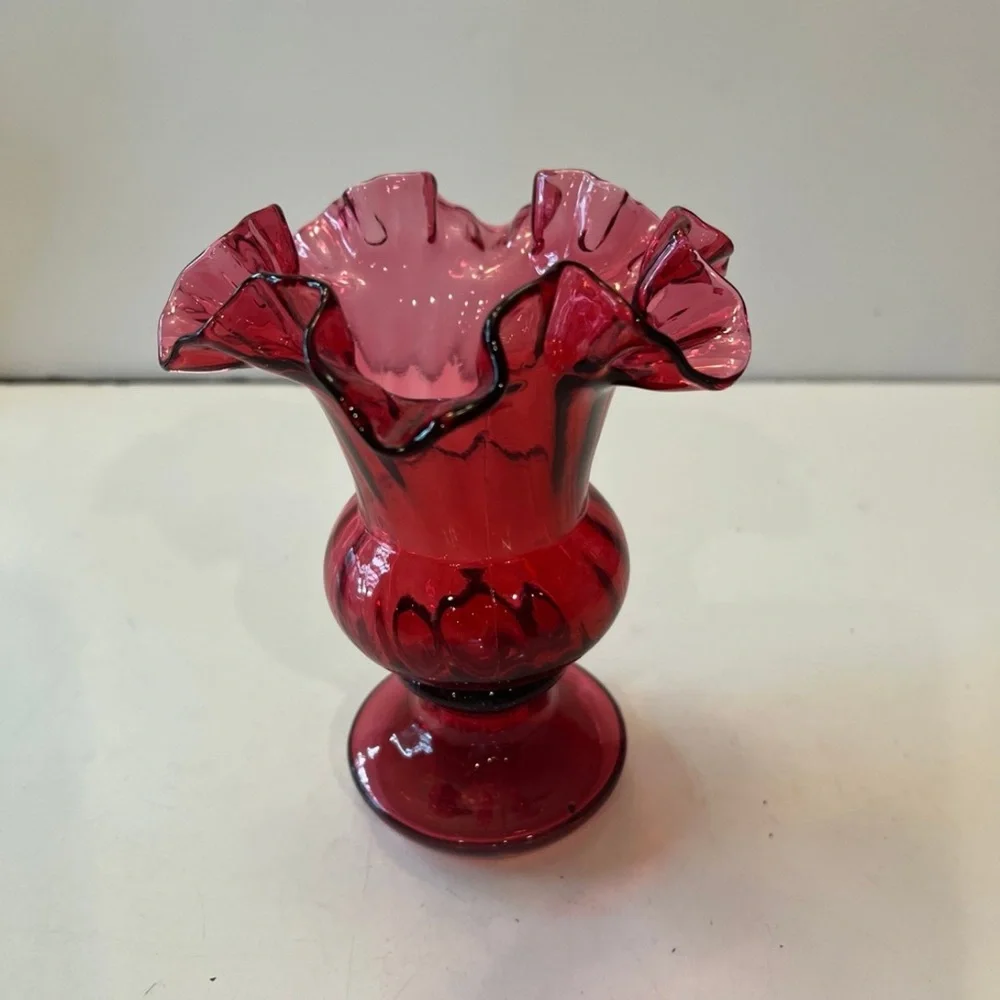 Vintage Fenton Cranberry Pink Ruffled Footed Vase